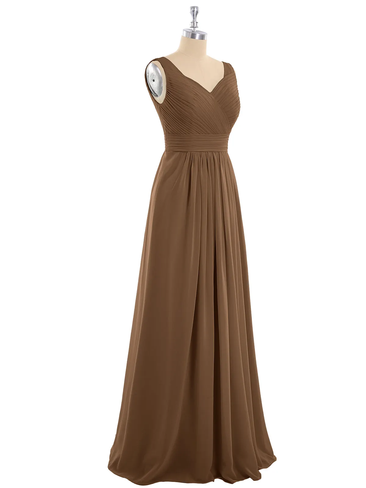 A-line Chiffon Floor Length V Neck Dresses Brown Plus Size