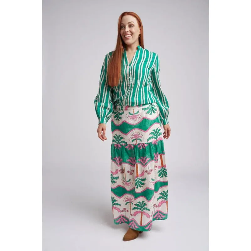 Bell Cuffed Sleeve Shirt | Green Beige Stripe