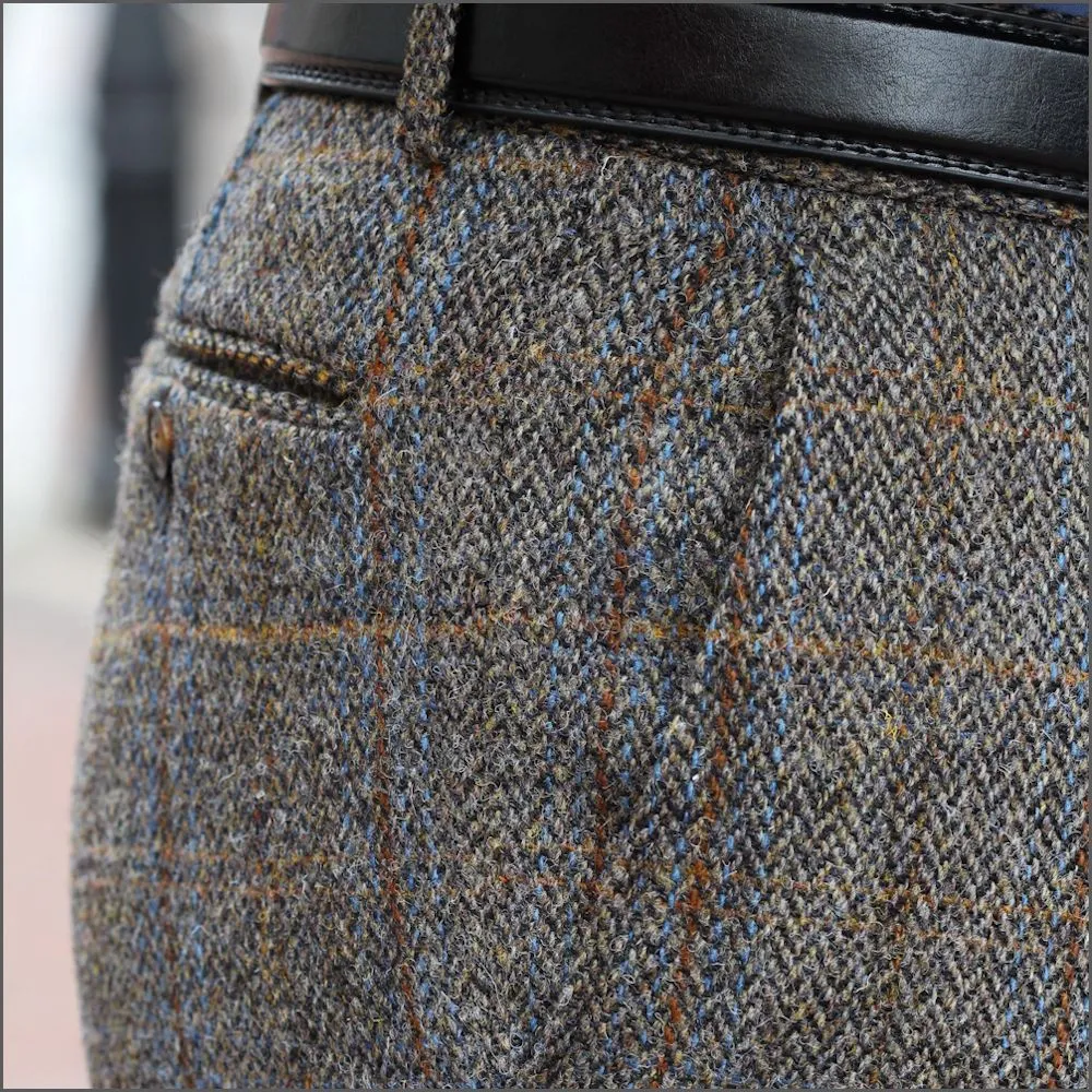 Harris Tweed Brown, Blue Herringbone Tailored Fitting Trousers..