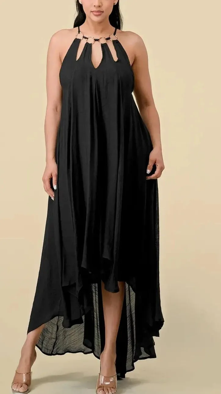Ring Cut Out Neck High Low Dress