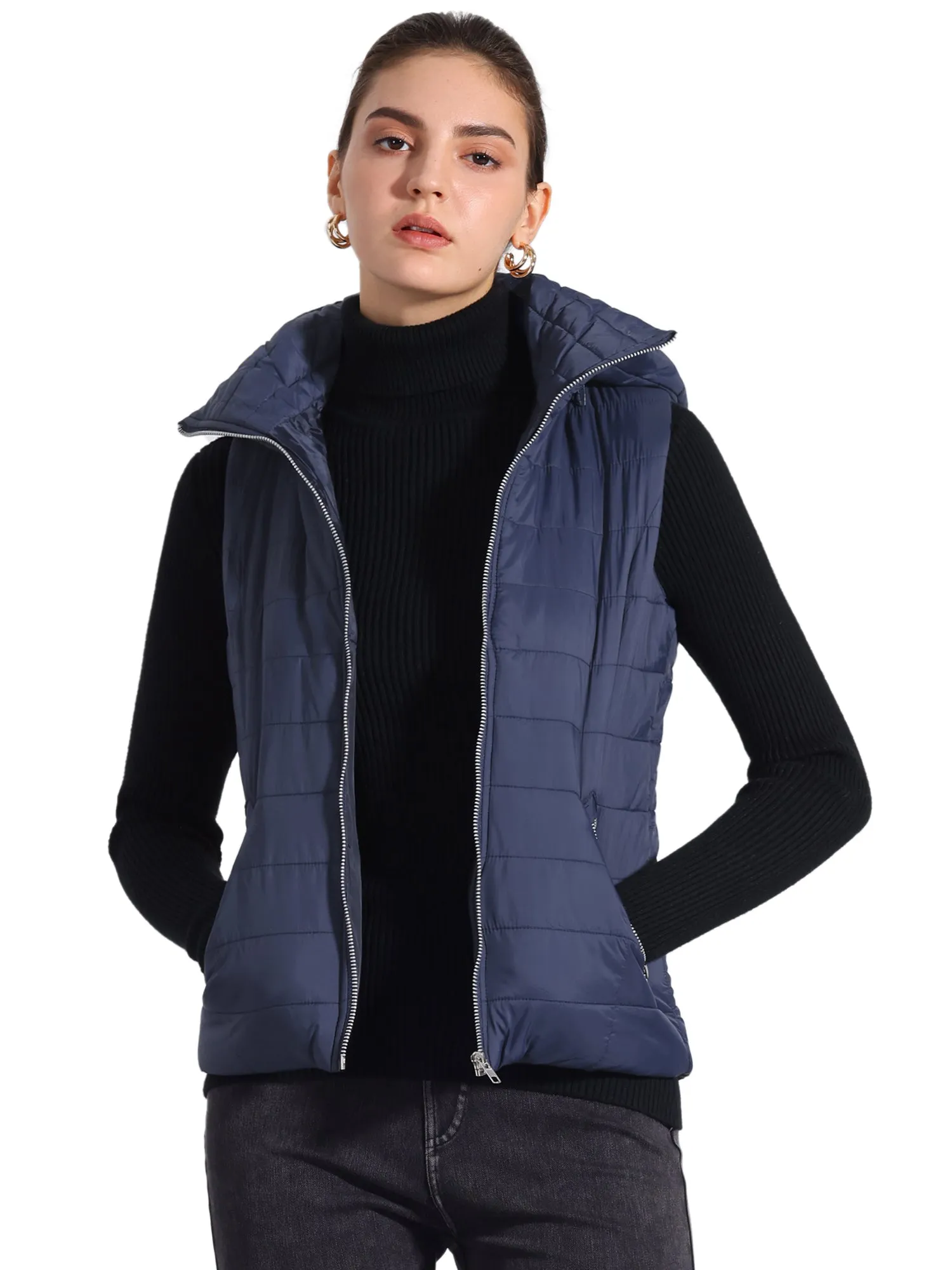 Sleeveless Zipper Winter Hoodie Quilted Jacket Vest