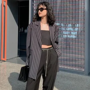 Vintage Striped Blazer For Women Notched Collar Long Sleeve Colorblock Blazers Female Autumn Clothing Fashion